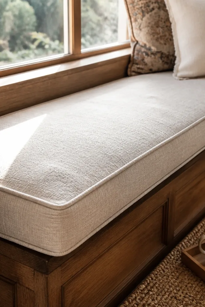 Cream linen bench cushion with dark welt trim in front of a bay window