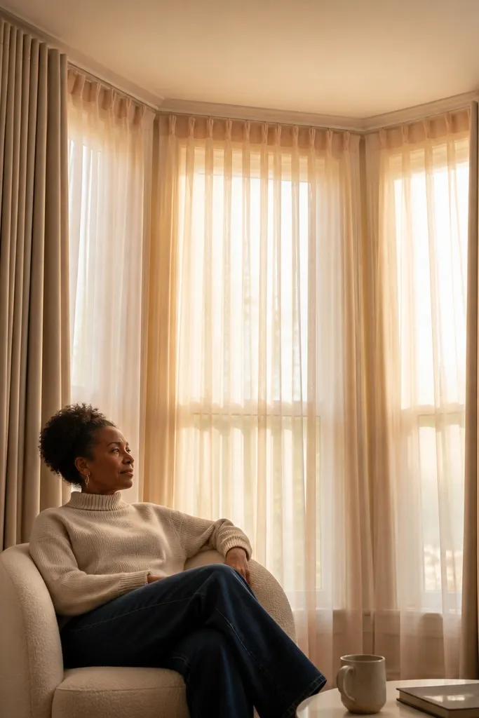 Warm white curtains layered over a bay window with soft side panels