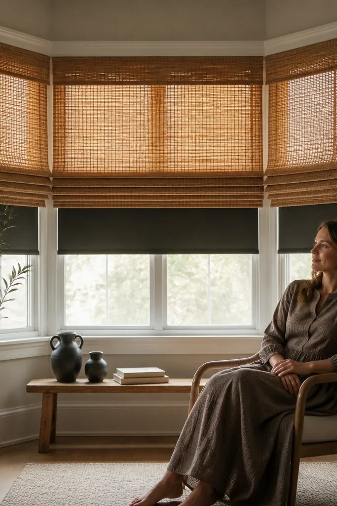 Light rattan Roman shade with a dark blackout backing on a bay window