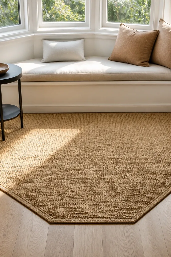 Natural jute runner rug angled under a bay window