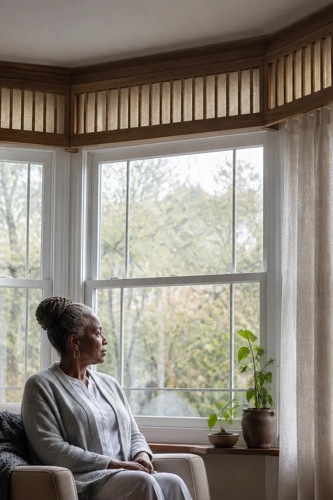 Warm wood slatted valance with linen backing above a bay window