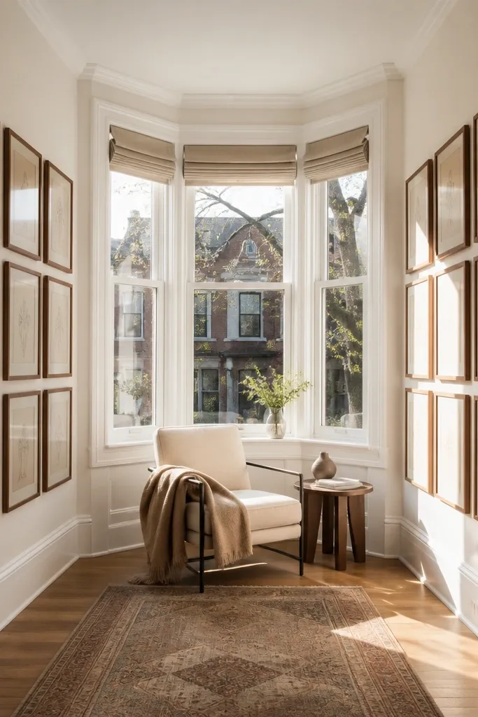 Matching framed art on bay side walls with warm neutral colors