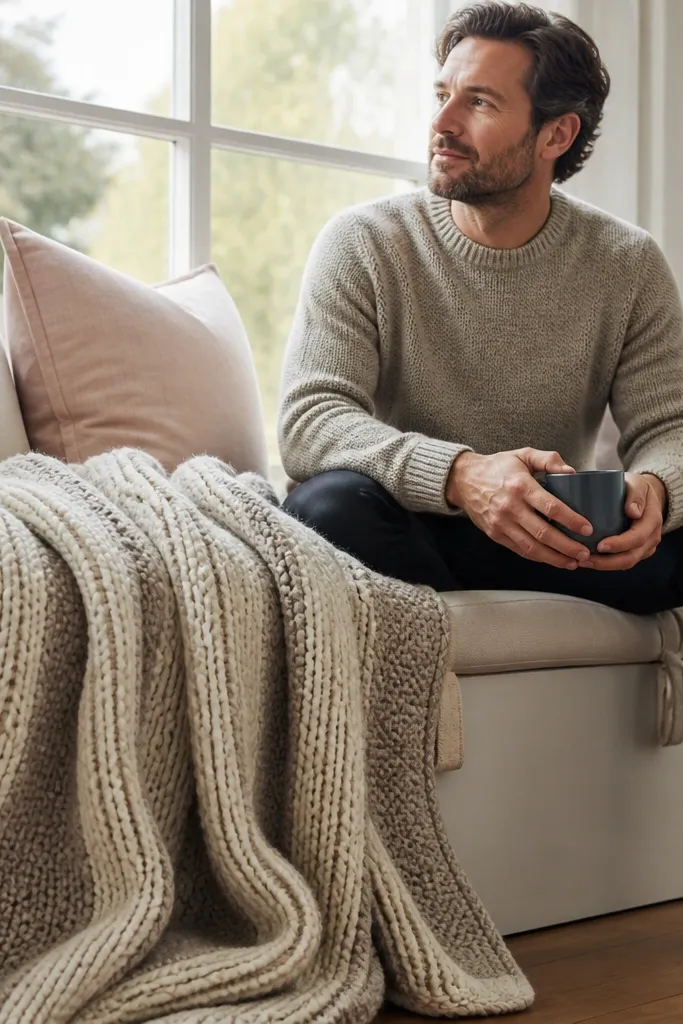 Chunky knit throw draped over a bay window seat with fabric clips