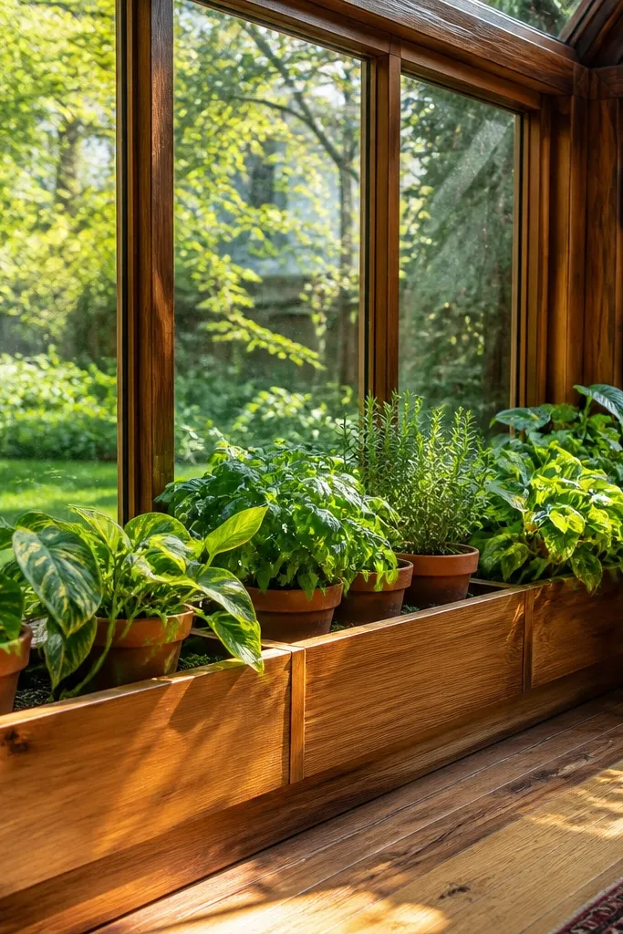 Built-in trough planters along the bay window sill with small green plants