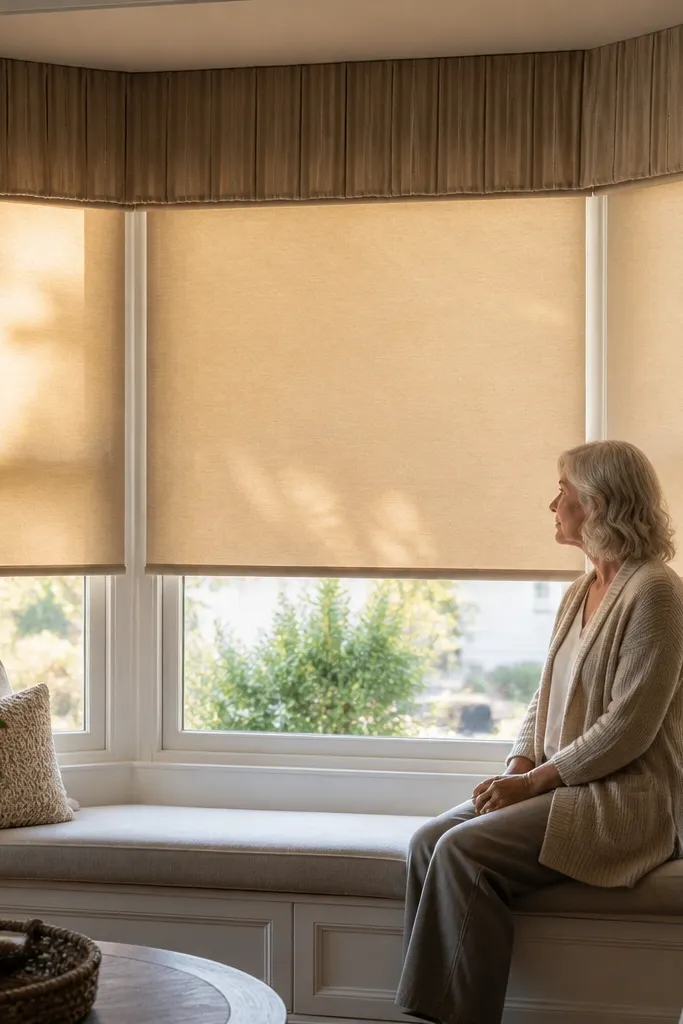 Oat roller shade with a fabric-covered valance above a bay window