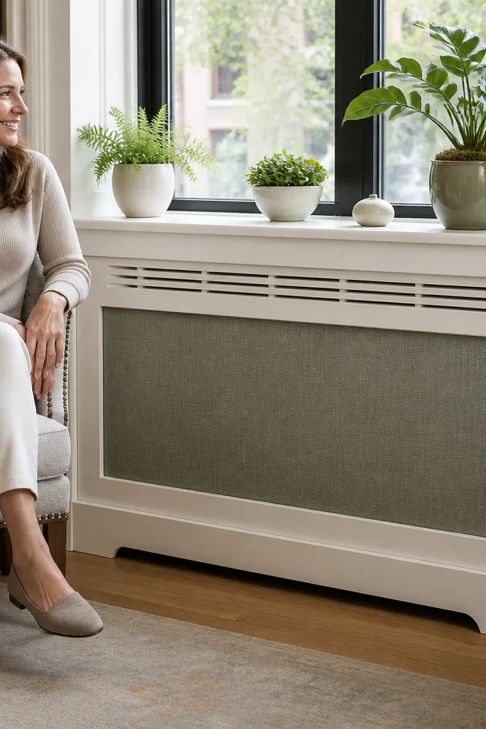 Painted radiator cover under a bay window with a soft fabric front