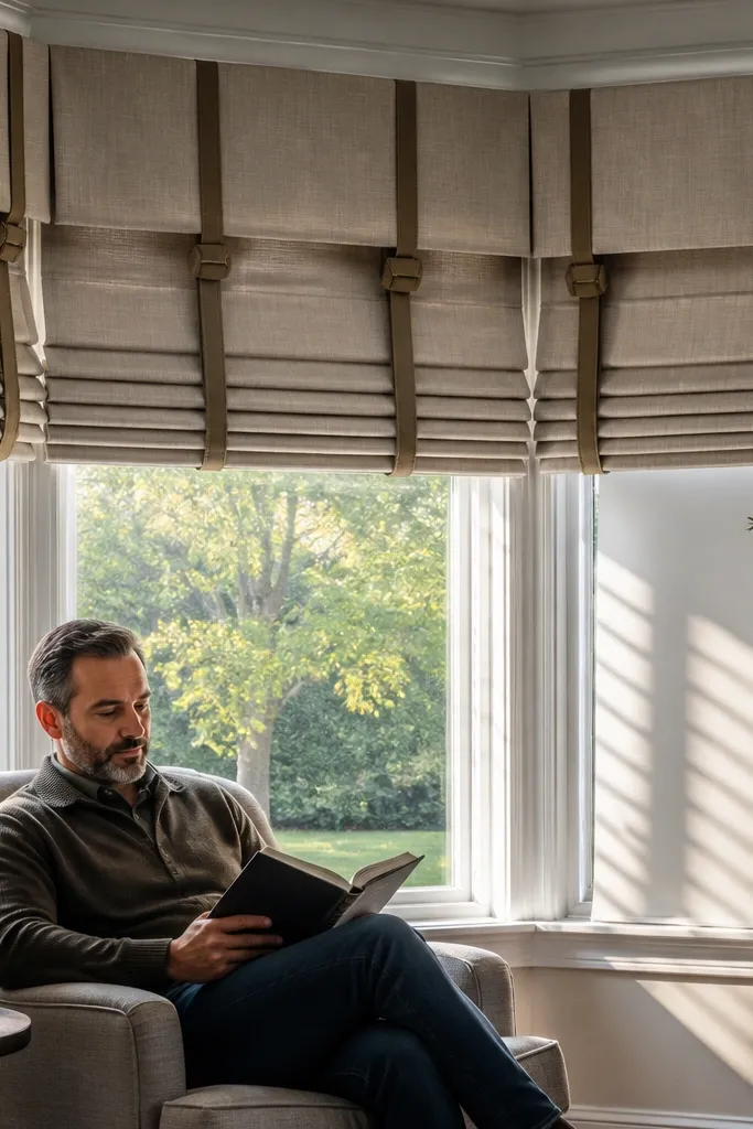 Linen roman shade with folded fabric bands and tied side pulls in the bay.