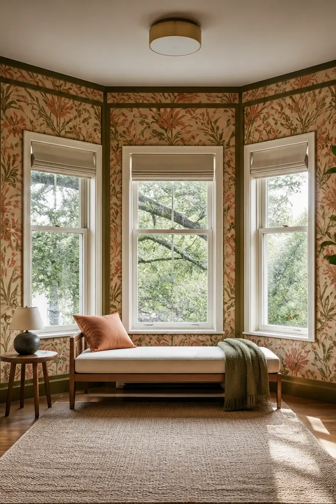 Removable framed wallpaper panels on bay side walls with matching rails.