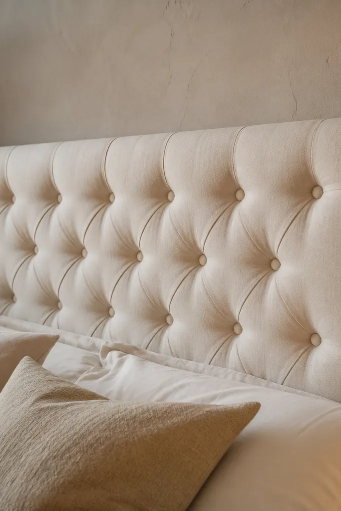 Beige linen headboard with deep button dimples