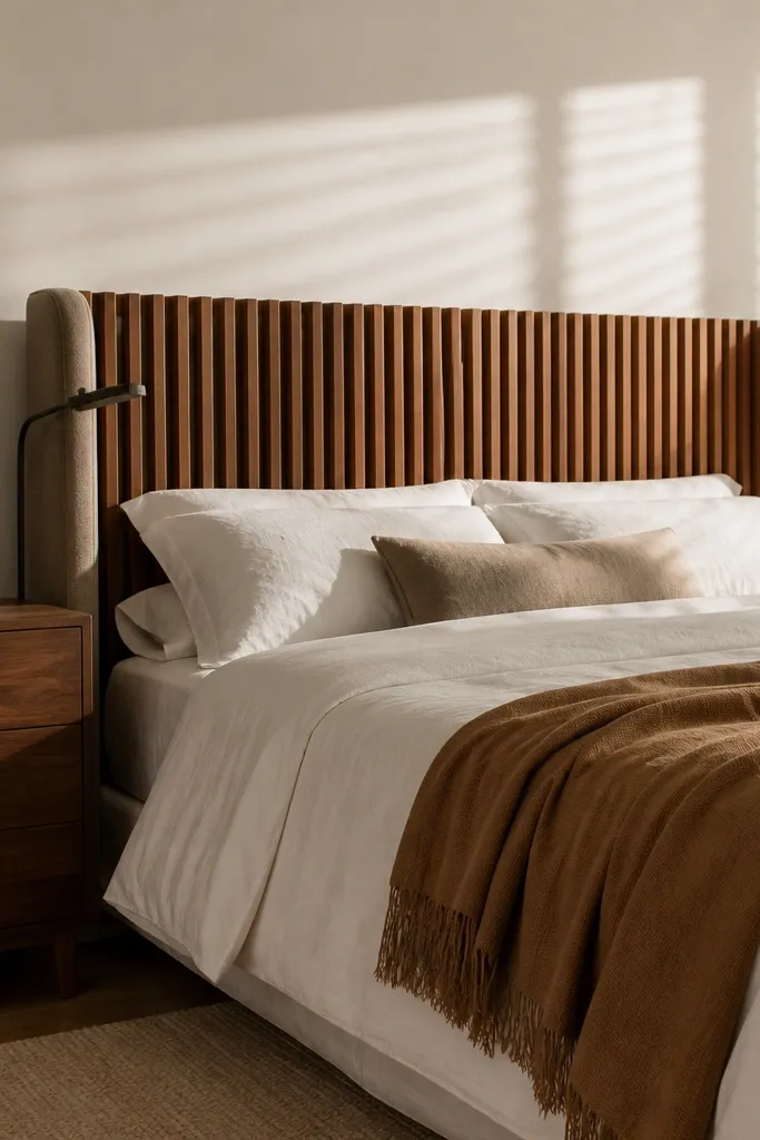 Walnut slatted headboard with fabric-wrapped side panels