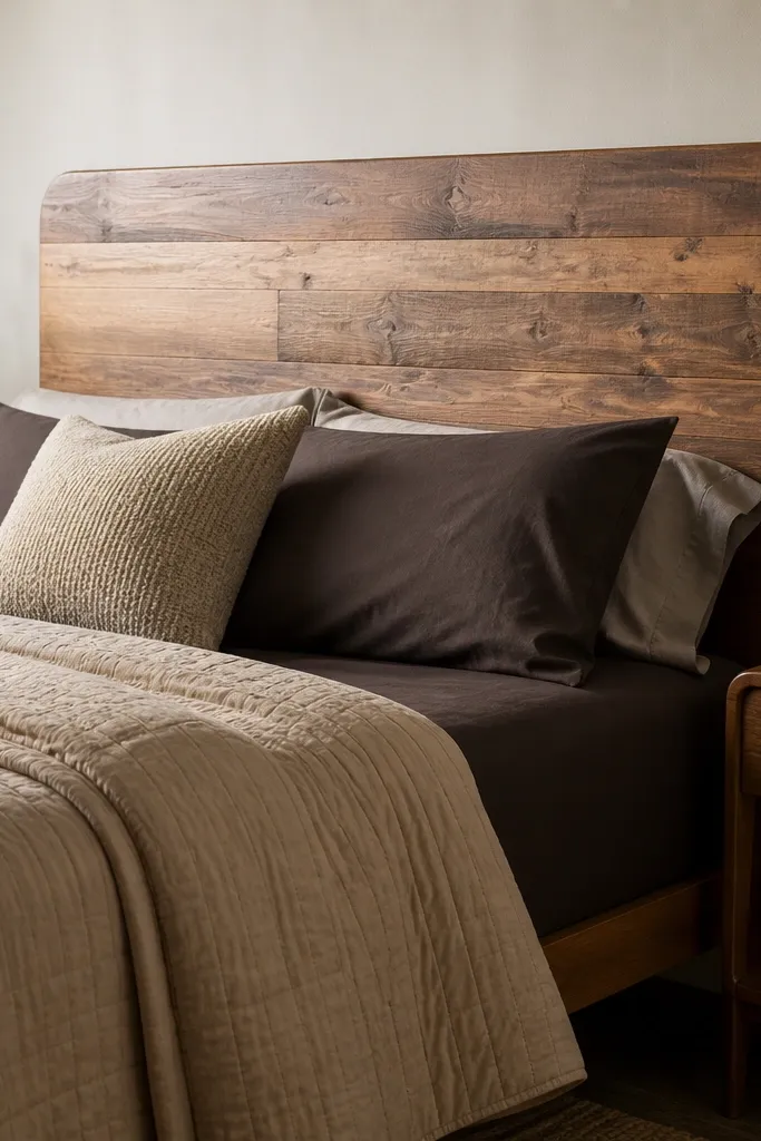 Warm reclaimed wood plank headboard with rounded top corners
