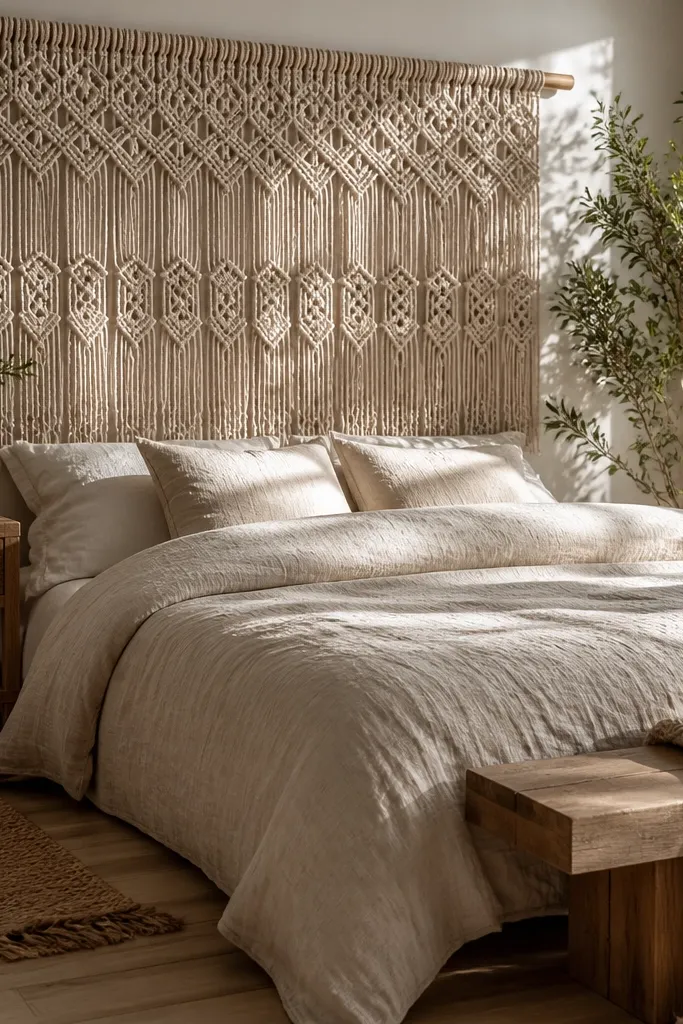 Natural macramé panel headboard with a light wood dowel