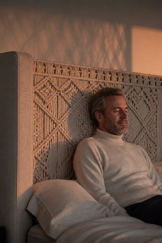 Neutral macramé panel centered on a padded upholstered headboard