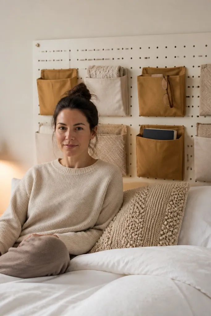 Light pegboard headboard with removable fabric pockets for decor