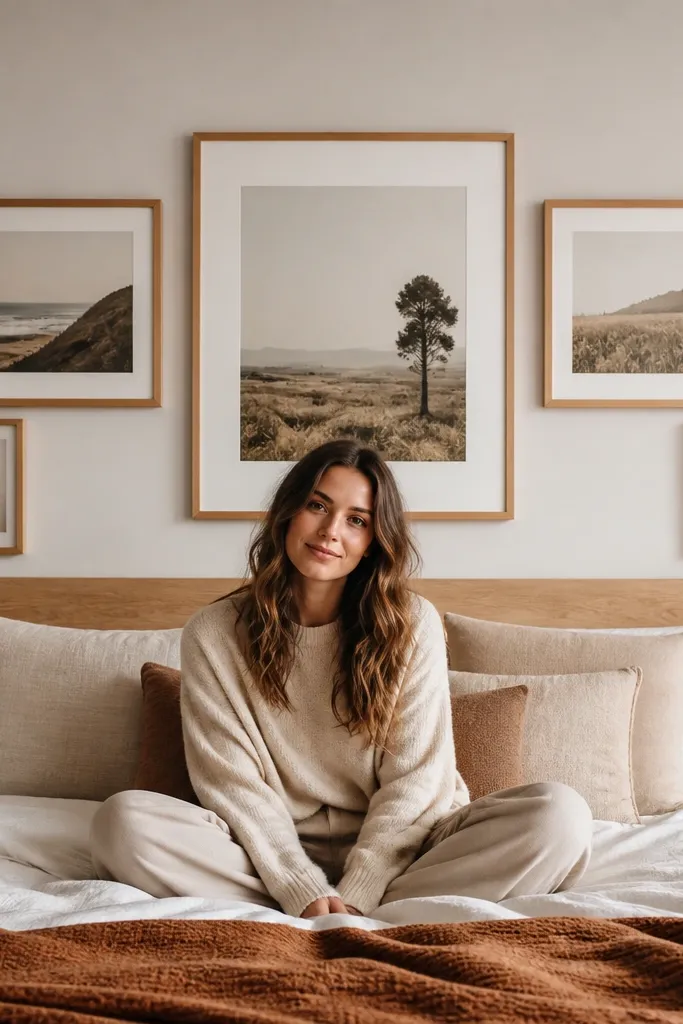 Three cream-matted prints in dark wood frames above a bed
