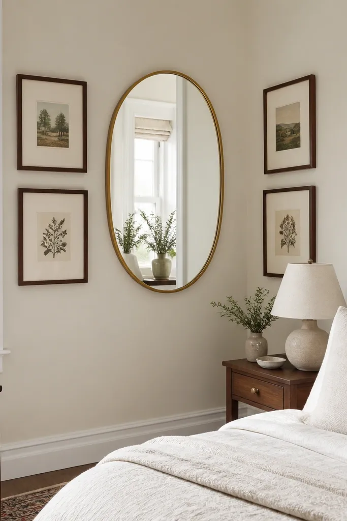 Oval mirror centered with two cream prints in black frames