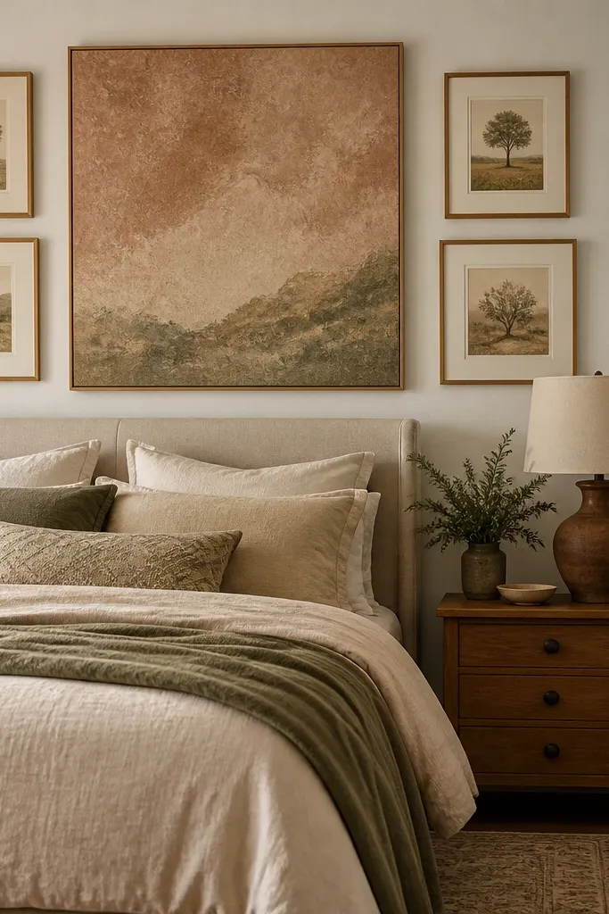 Large beige canvas with four smaller framed prints arranged around it