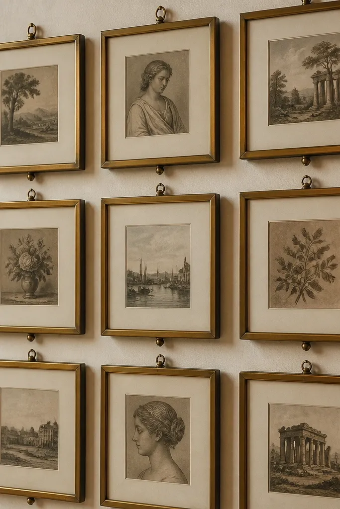 Six small frames in a tight grid with warm wood tones