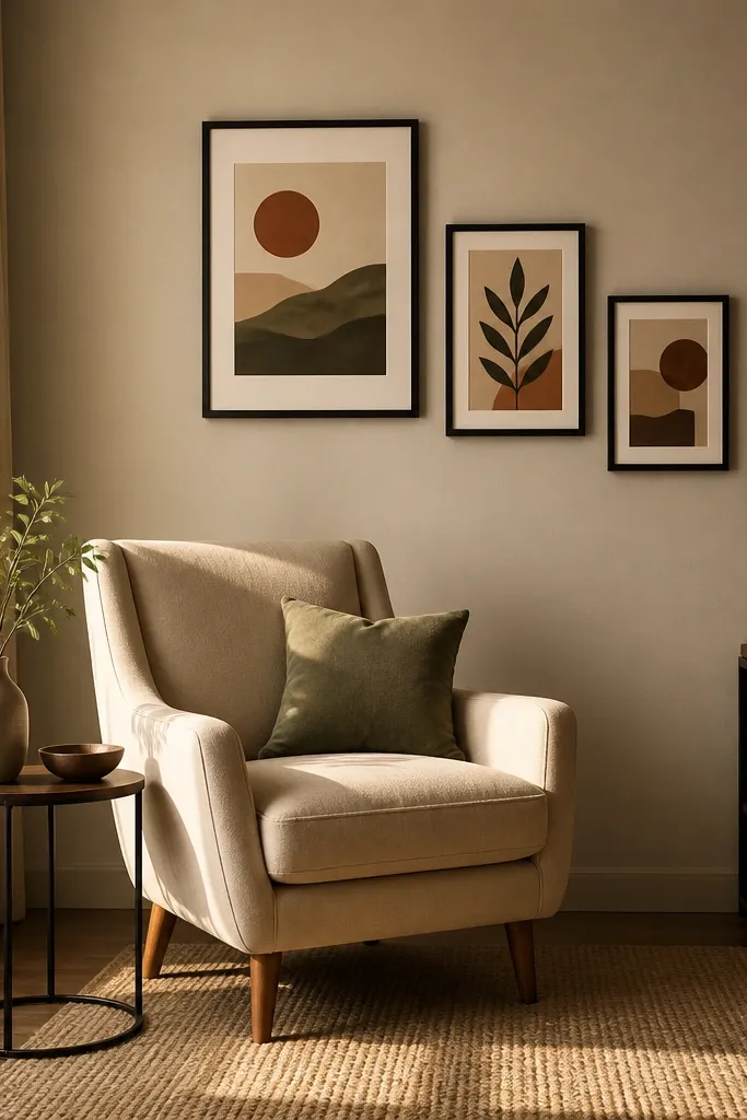 Four mixed-size frames in a slanted row above a chair
