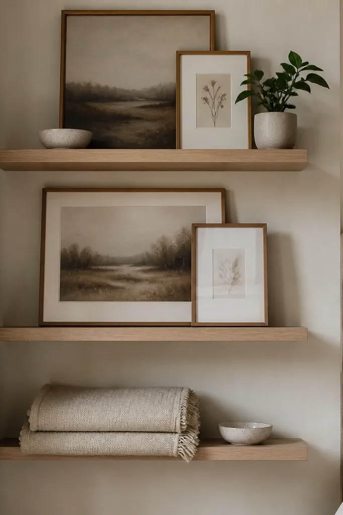 Two floating shelves with framed prints and small decor between them