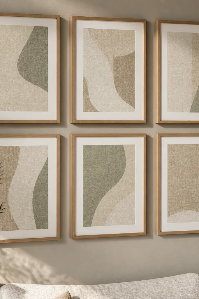 Warm wood frames with linen-like prints in soft beige tones