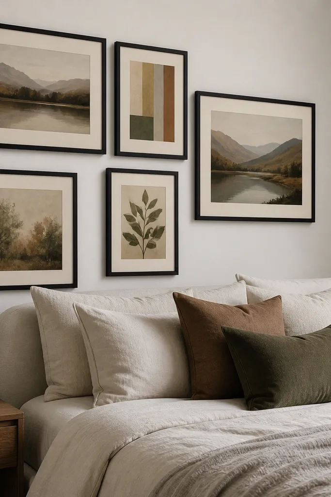 Matte black frames with cream mats in a six-piece layout