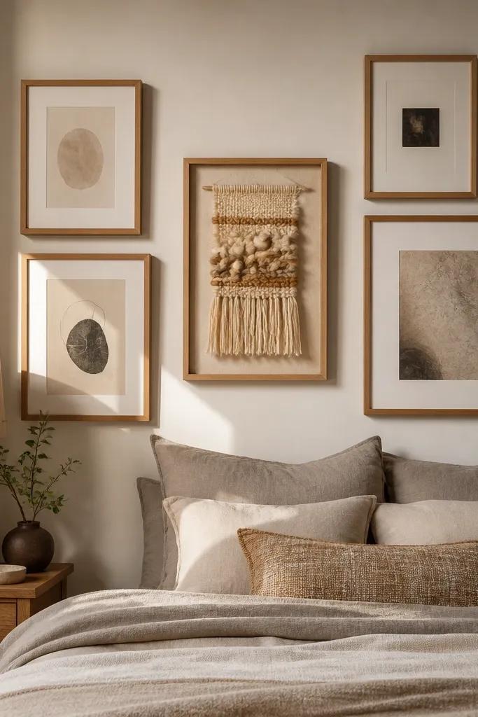 Framed print next to a fabric wall hanging and two smaller frames