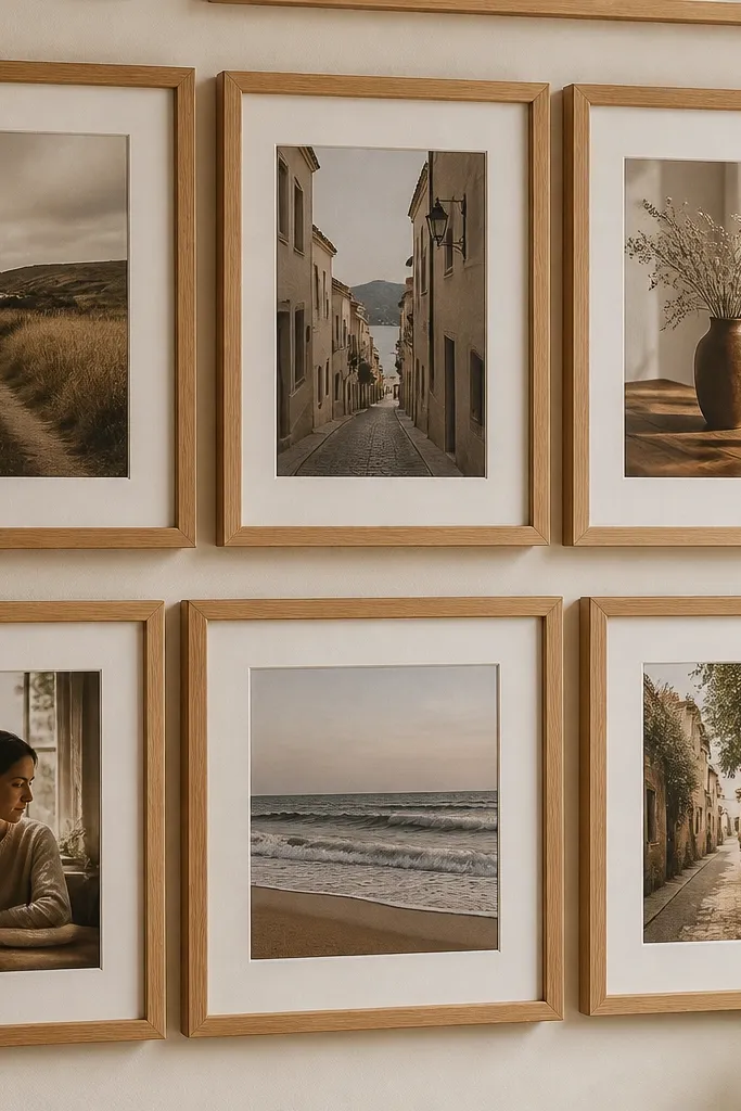 Six frames styled like polaroids with off-white borders and warm art