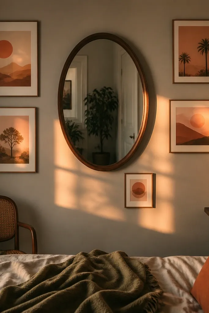 Oval mirror with sunset-toned prints in warm framed cluster