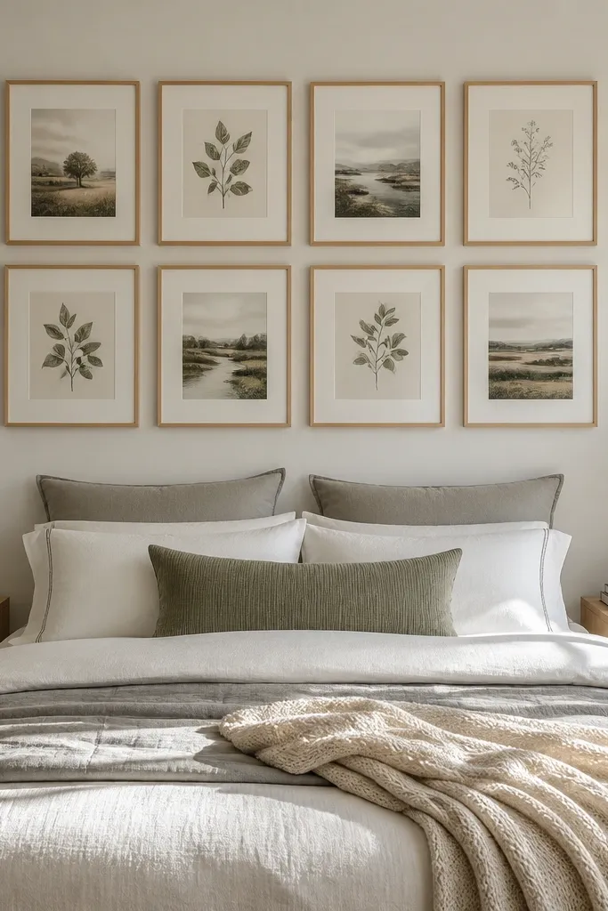 Two-row symmetrical gallery with six frames and cream mats