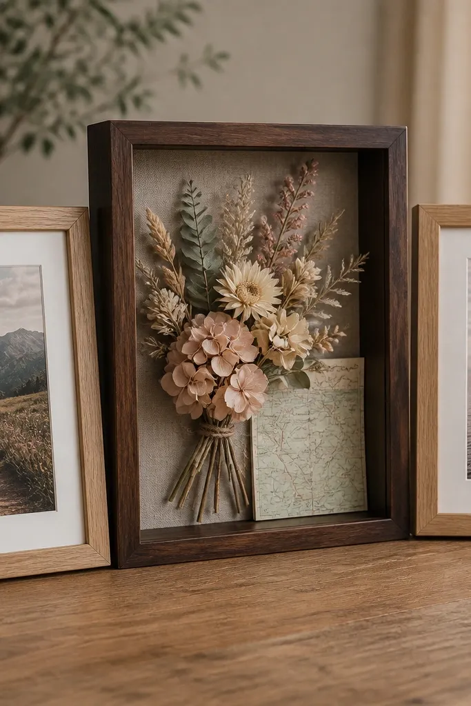Two framed prints plus one shadowbox with dried florals