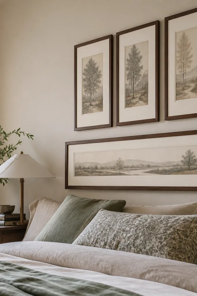 Long horizontal frame under three vertical prints in warm tones