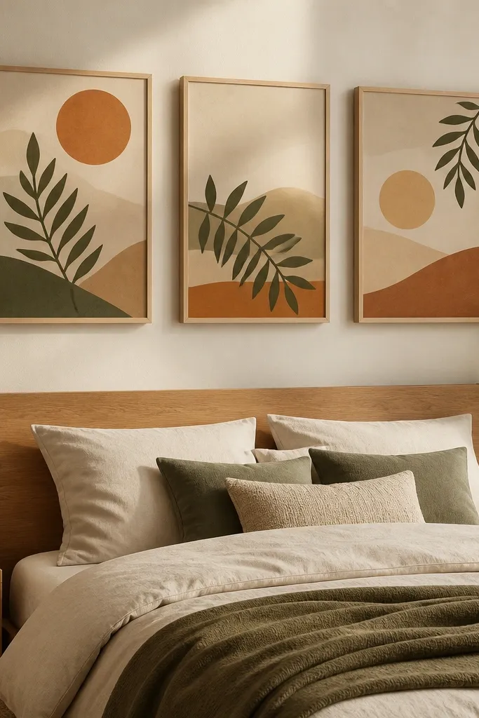 Three frames with clear acrylic and visible prints on a warm wall