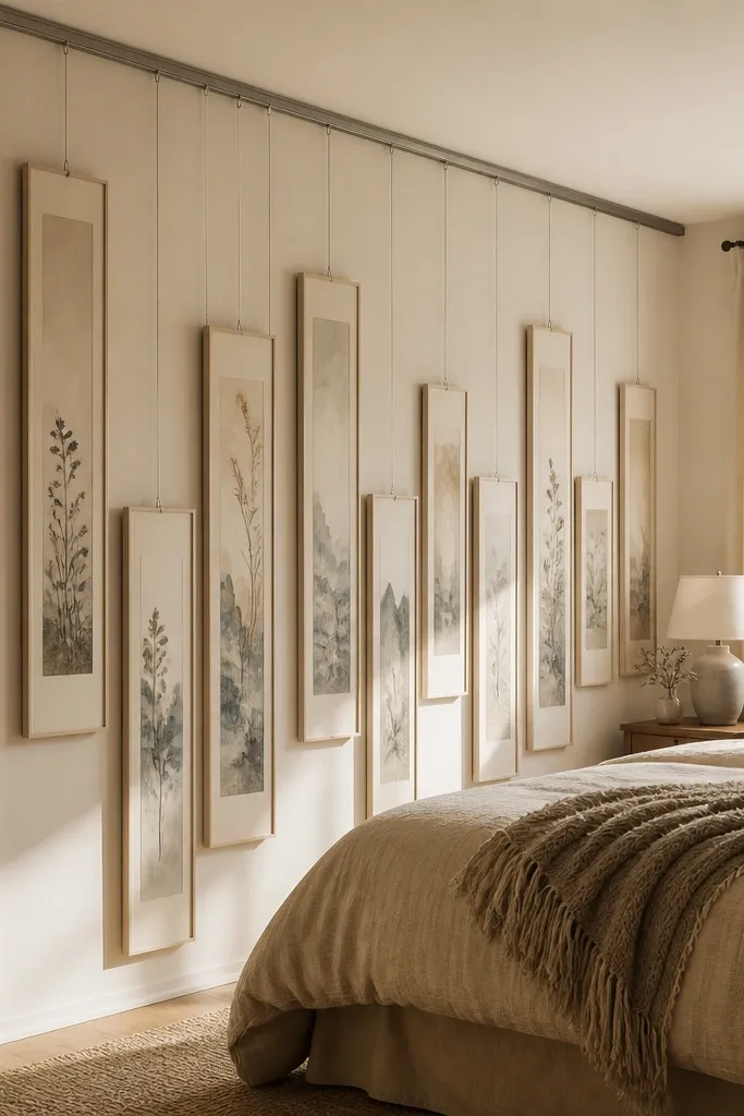 Long rail with small framed pieces hanging down in a cozy stagger