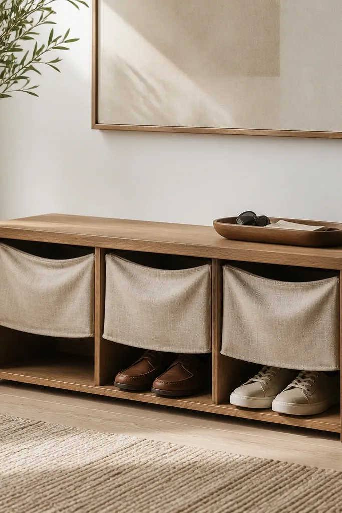 A low bench shoe rack with a wooden frame and three open sections. Each section has a linen slip cover draped over a bin, with the fabric falling in soft folds. Two pairs of shoes sit inside the open front area, and a small tray rests on top.