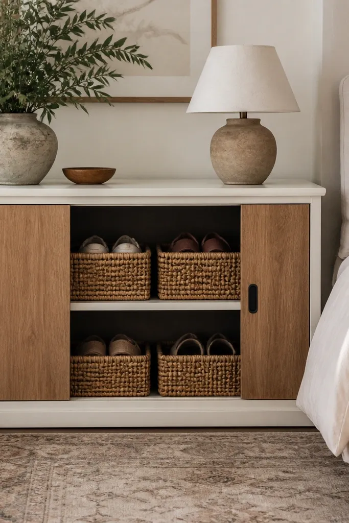A small cabinet in warm white paint with two sliding wood doors. Inside are two rows of woven baskets, each basket holding a pair of shoes. The doors have minimal black pulls, and the cabinet sits beside a bed on a rug.