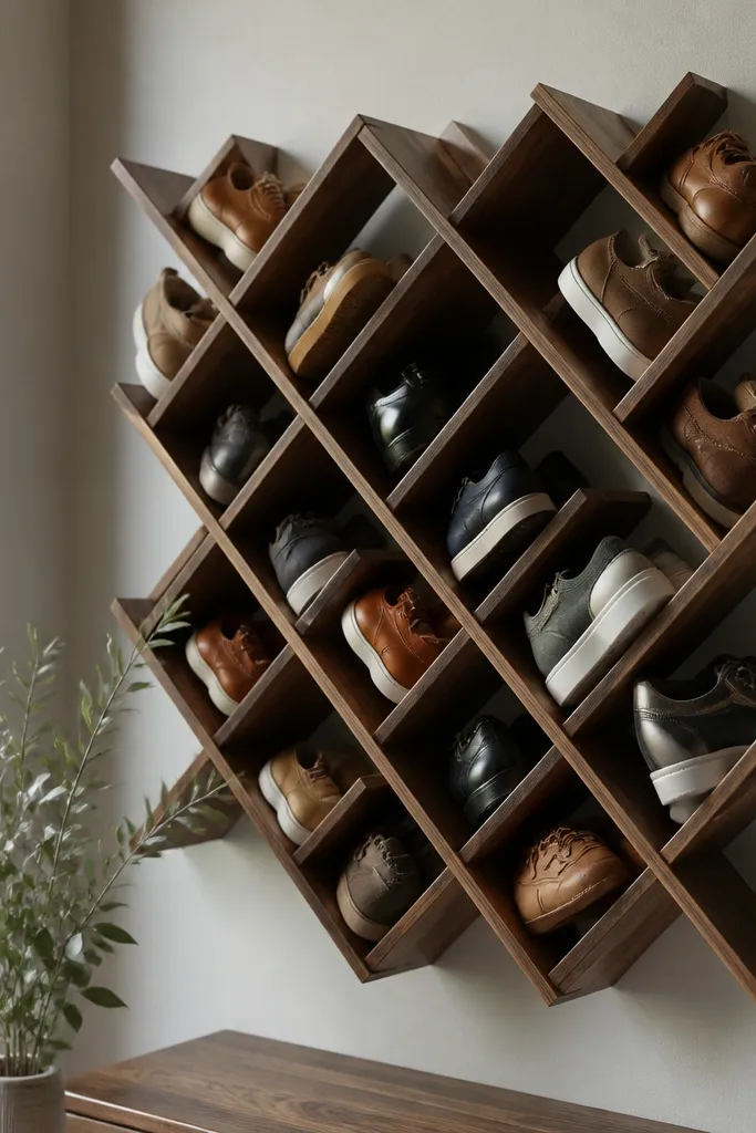 A wooden shoe rack with angled slots arranged in a crisscross pattern. Shoes are placed diagonally, toes pointing outward. The wood is stained medium walnut, and the rack is mounted against a wall.