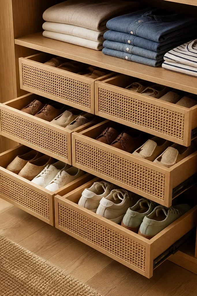 Inside a closet, a shoe shelf is fitted with small rattan drawer inserts. Each drawer slides out on rails and has a woven front. Shoes are neatly stacked inside each drawer, and the shelf above has folded shirts.