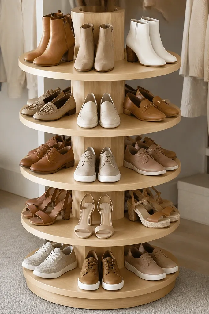 A small round shoe rack on a central stand inside a closet. The rack rotates, and shoes are arranged around the circle. The stand has a light wood finish, and the shelves are evenly spaced for consistent height.
