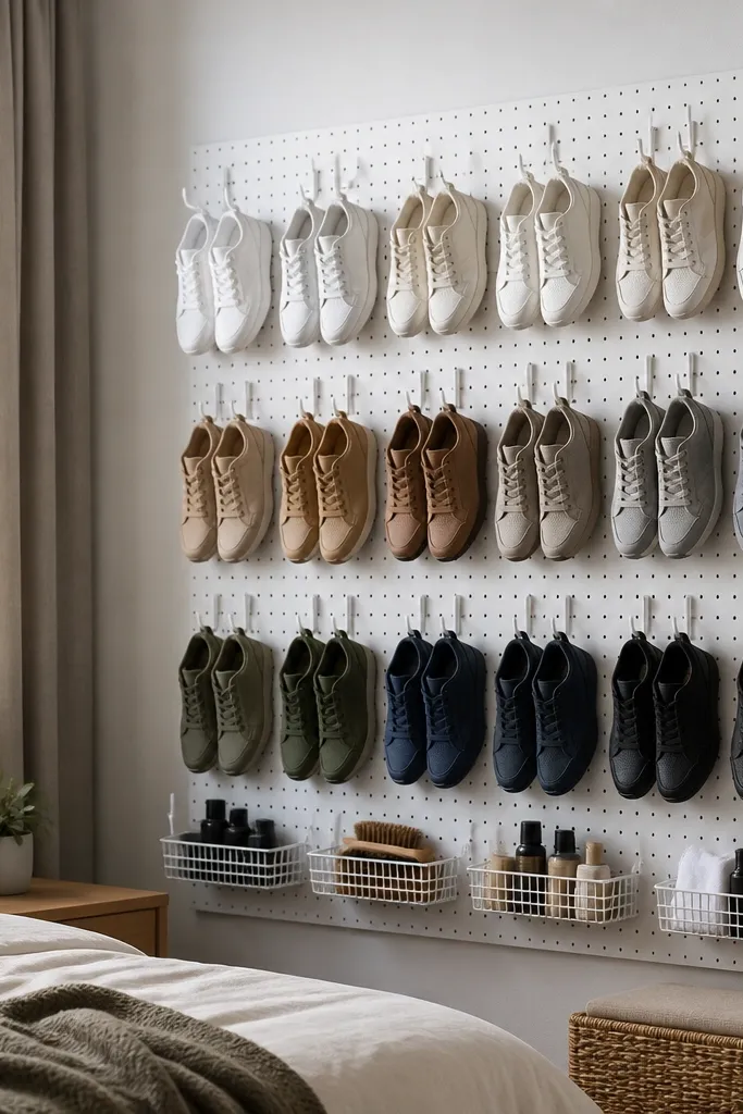 A white pegboard mounted on a bedroom wall with multiple rows of hooks. Shoes hang by the heel strap or lace loop, each pair grouped by similar color. Small baskets sit on the lower pegs for shoe care items.