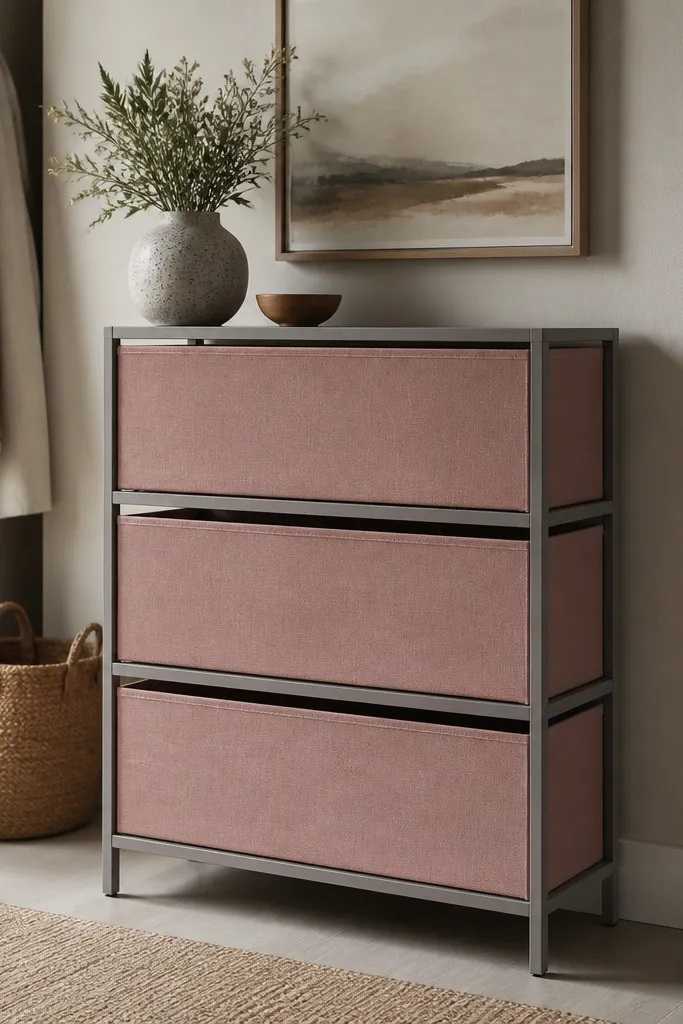 A shallow wall shelf system with three levels. Each level has fabric drawer fronts stretched over frames, hiding the shoe area. The fabric is dusty rose, and the shelf frame is painted soft gray.