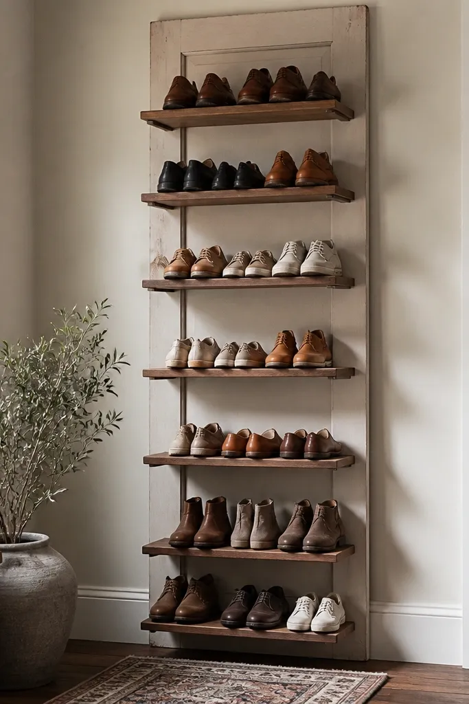 A tall shoe rack made from an old interior door laid vertically. The door has several evenly spaced wooden shelves attached across it. The finish is matte, and the shelves hold shoes in neat rows.