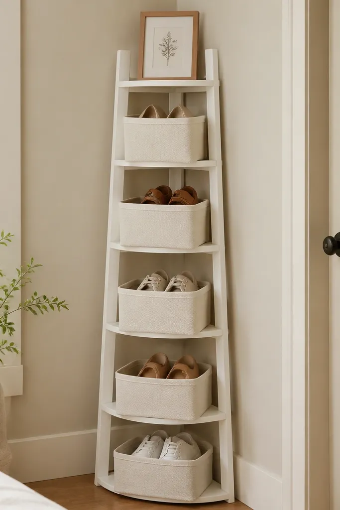 A narrow corner ladder shelf painted warm white. Each rung has a matching fabric bin or small basket. Shoes are stored inside bins, and a small framed print sits above the top bin.
