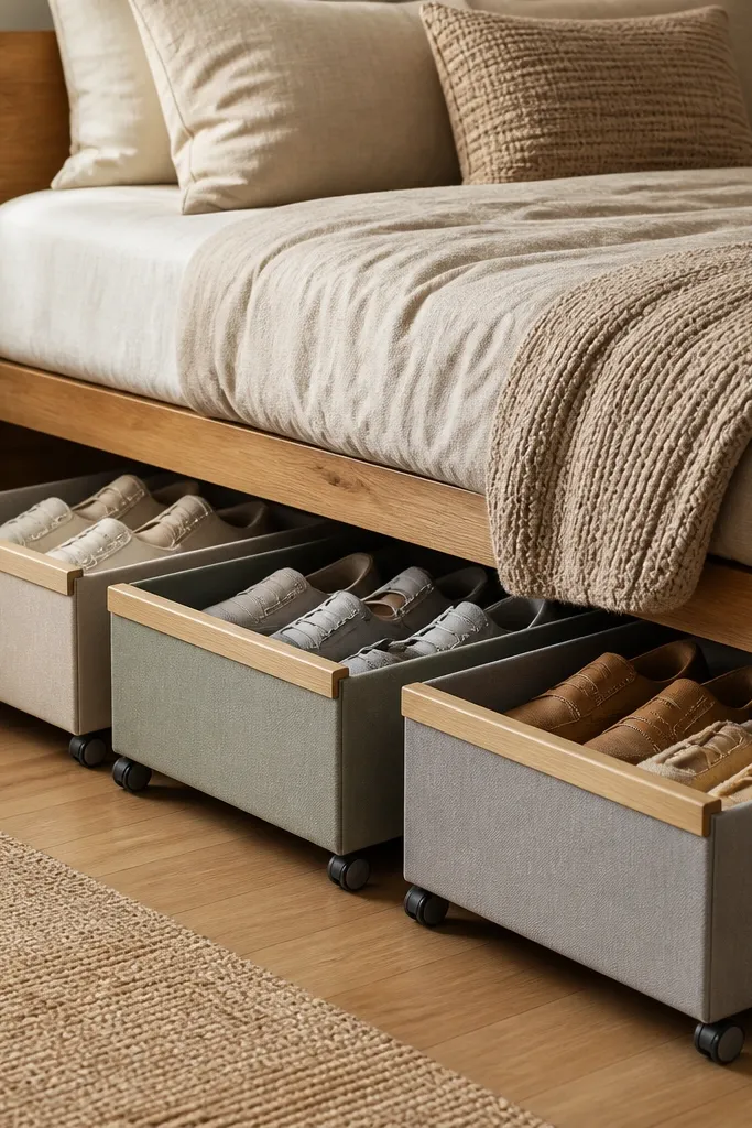 Three rolling drawers under a bed, each with a fabric front panel and a wooden top trim. Shoes are stacked inside each drawer, and the drawer fronts match the bedding tones.