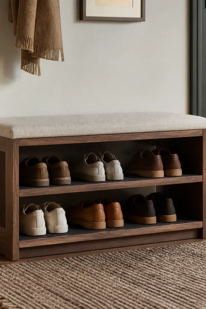 A small wooden bench shoe rack with a bench top that sits flush with a rug. The rack has open sides and a toe shelf at the bottom. Shoes rest on a grippy liner, and the whole unit looks like part of the seating area.