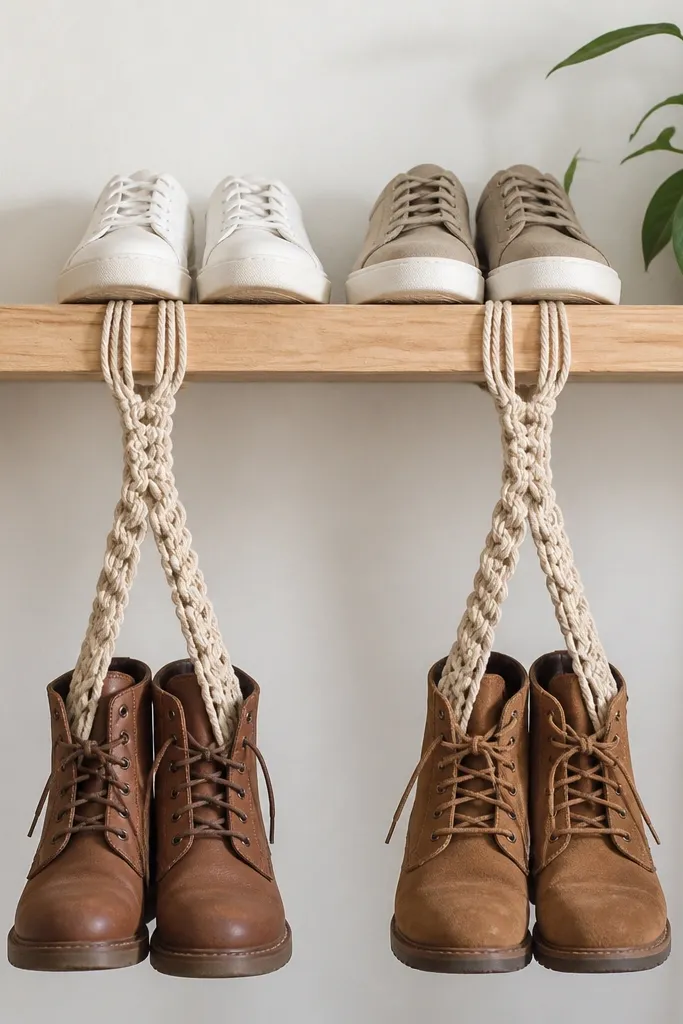 A simple wooden shelf with macrame hangers attached to the front edge. Boots hang from the macrame loops, and sneakers sit on the shelf above. The macrame is natural beige with knotted texture.