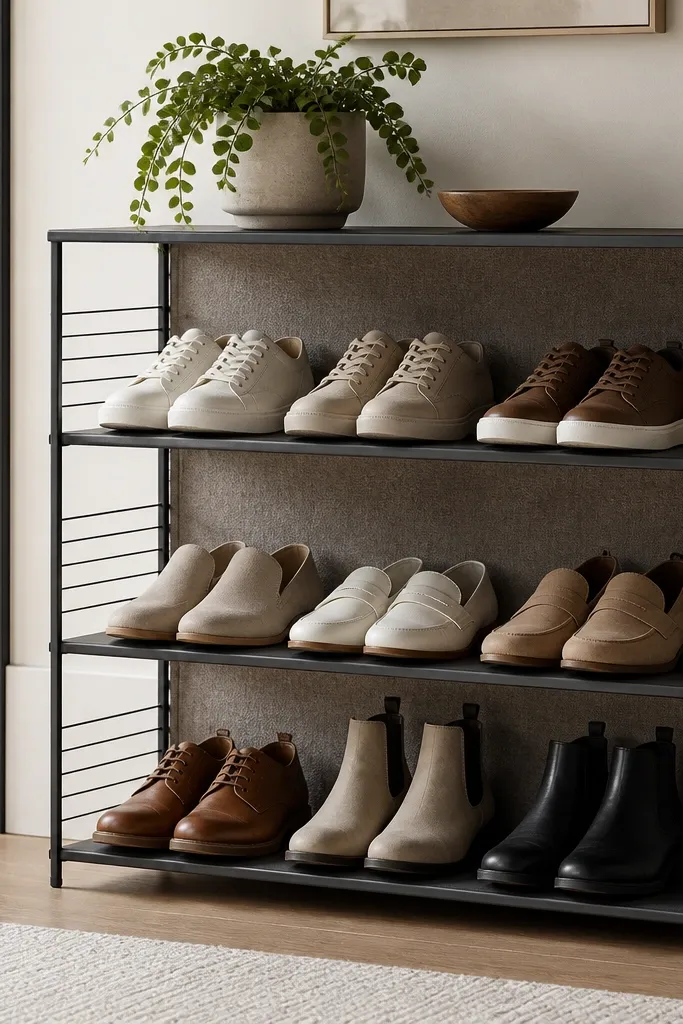 A matte black metal shoe shelf with three open tiers. The back is covered in taupe felt panels, and the shelf has thin wire sides. Shoes are arranged neatly toe-forward, and a small plant sits on top.