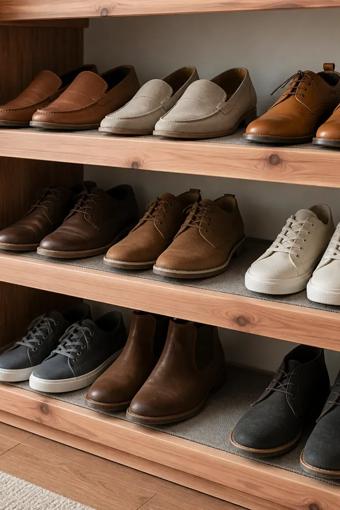 A closet shoe row made from cedar boards, with three shallow shelves. Each shelf has a removable cedar or fabric liner strip. Shoes sit neatly, and the wood grain is visible.