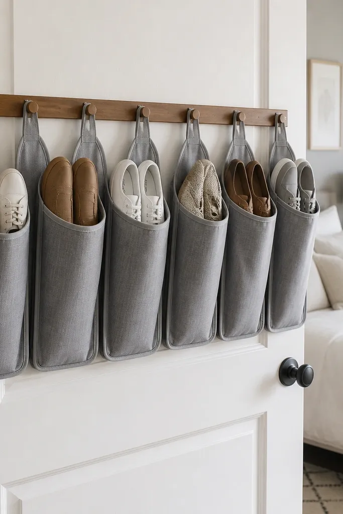 A slim wooden peg rail mounted on the back of a bedroom door. Several fabric shoe pockets hang from individual pegs, each pocket holding one pair. The fabric is a soft gray with reinforced edges.