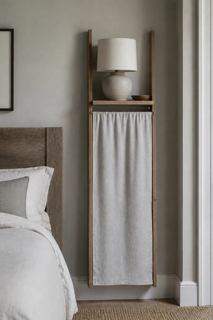 A narrow wall shelf ladder with a small top ledge for a lamp. Below, a curtain panel hangs from the underside, hiding shoes in a shallow compartment. The curtain is a light linen gray.